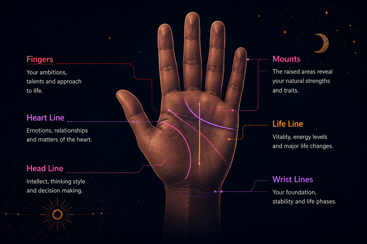 Illustrated hand diagram labeling the Fingers, Heart Line, Head Line, Mounts, Life Line and Wrist Lines